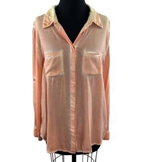 BLL Top Orange Ombre Button-Up Long Sleeve Split Black Top Roll-Tab Sleeves M